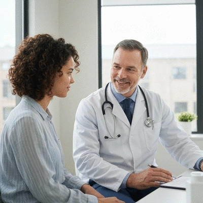 Patient and doctor discussing chemotherapy options in a modern clinic