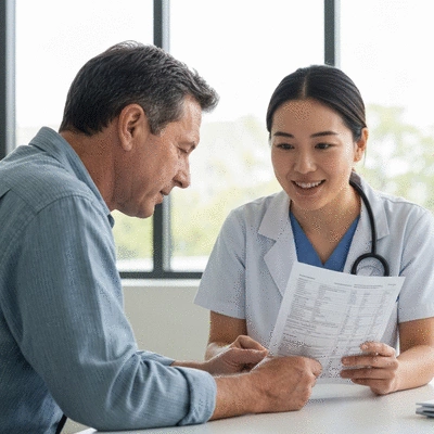 Patient reviewing a comprehensive medication list with a healthcare provider, emphasizing clear communication
