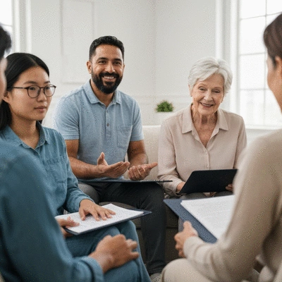 Diverse group of people in a support group, showing connection and healing