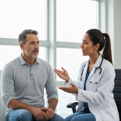 Patient discussing safety precautions with a doctor in a medical office
