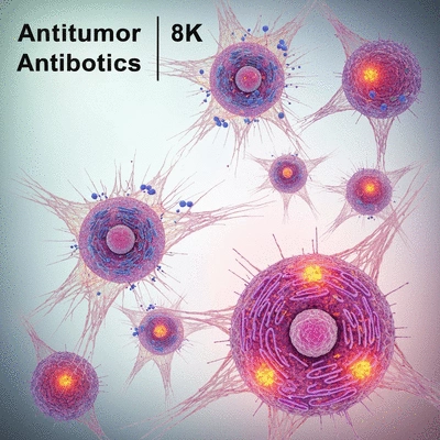 Microscopic view of cancer cells being targeted by antitumor antibiotics