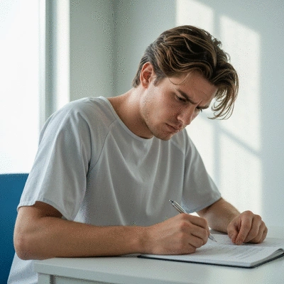 Patient trying to concentrate on a task, showing signs of mental fatigue