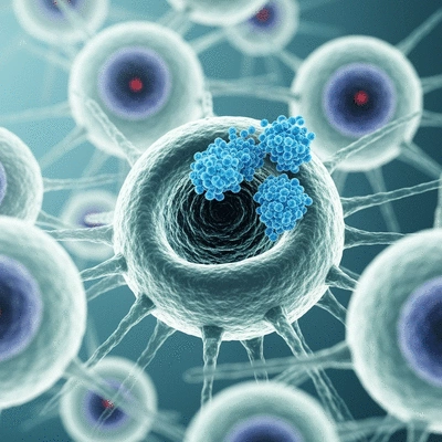 Microscopic view of chemotherapy drugs targeting cancer cells, with some healthy cells also affected, illustrating the mechanism of action