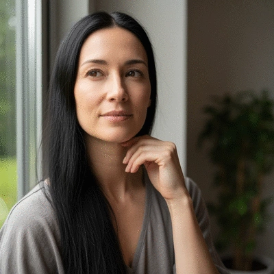 Woman looking thoughtfully out a window, representing anxiety and uncertainty during chemotherapy