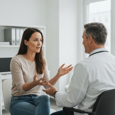 Patient discussing concerns with a healthcare provider, advocating for their care in a medical setting