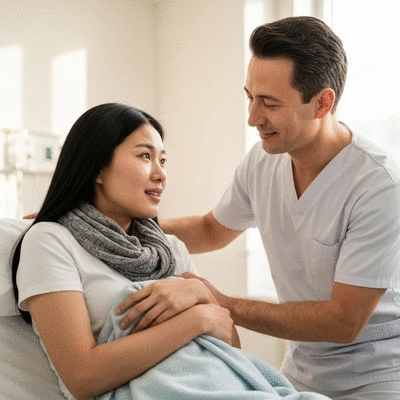 Patient receiving emotional support from a caregiver during chemotherapy