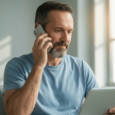 Person using a phone to call a cancer support hotline, with a gentle, reassuring atmosphere
