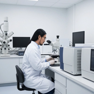 Scientist working in a lab with advanced medical equipment, focusing on cancer research