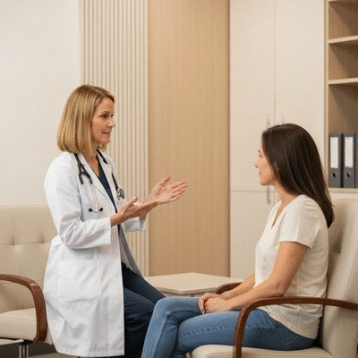 Medical professional explaining chemotherapy combination options to a patient in a modern clinic setting
