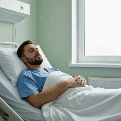 Patient resting comfortably in bed, looking peaceful, no text, no words, no typography, clean image
