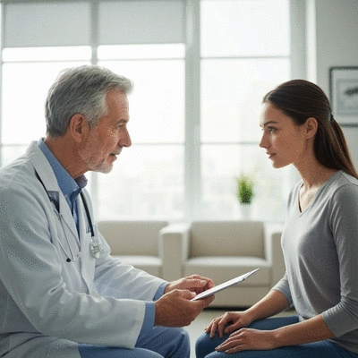 Patient discussing chemotherapy treatment with an oncologist, showing empathy and understanding