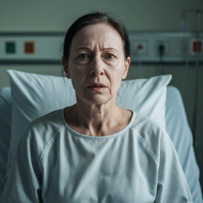 Chemotherapy patient looking anxious but determined, subtle medical background, no text, no words, no typography, no labels, clean image