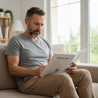 Patient reading educational materials about chemotherapy, focused and informed