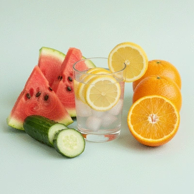Glass of water with lemon and a variety of colorful fruits and vegetables, symbolizing hydration and healthy eating