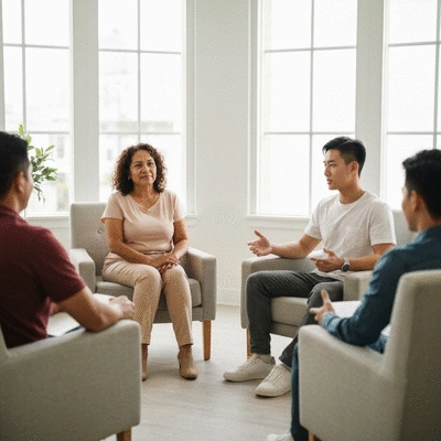 Group therapy session with diverse participants discussing cognitive challenges, supportive environment