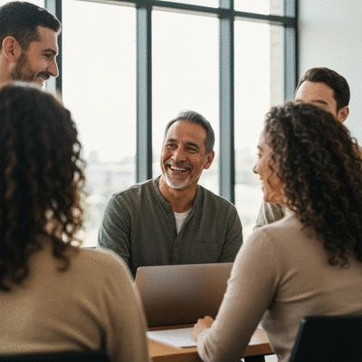 Diverse group of people in a support group meeting, smiling and talking