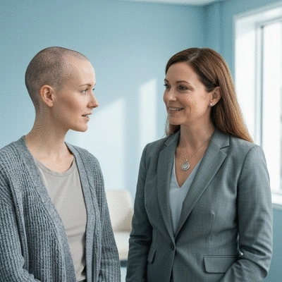 Patient receiving counseling from oncologist about hair loss