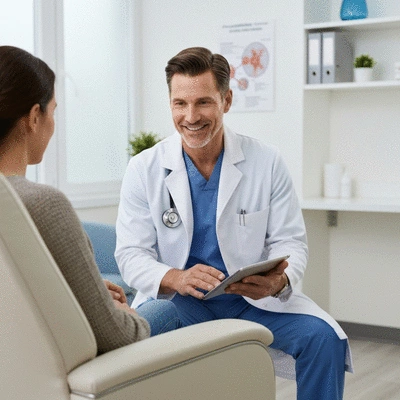 Doctor explaining cancer treatment options to a patient in a clinic