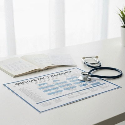 Chemotherapy roadmap document on a healthcare professional's desk, with medical notes and a stethoscope nearby, showing a structured treatment plan, no text, no words, no typography, clean image