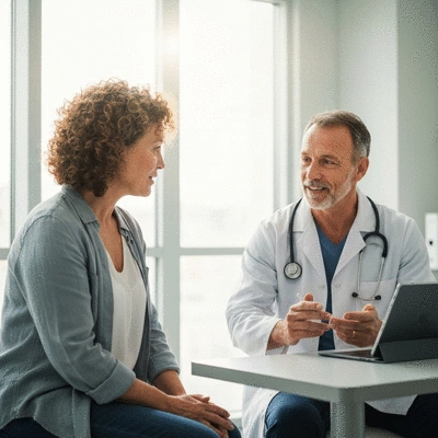 Patient and oncologist discussing a chemotherapy roadmap on a tablet in a modern clinic setting, emphasizing patient engagement and shared decision-making, no text, no words, no typography, clean image