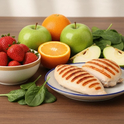 Variety of healthy foods like fruits, vegetables, and lean proteins arranged aesthetically on a wooden table, symbolizing good nutrition during chemotherapy, no text, no words, no typography, clean image