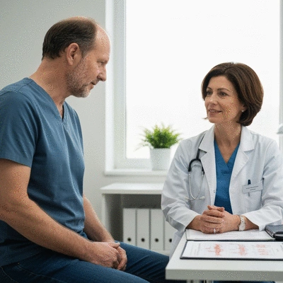 Patient discussing chemotherapy treatment with oncologist in a clean, modern clinic setting.
