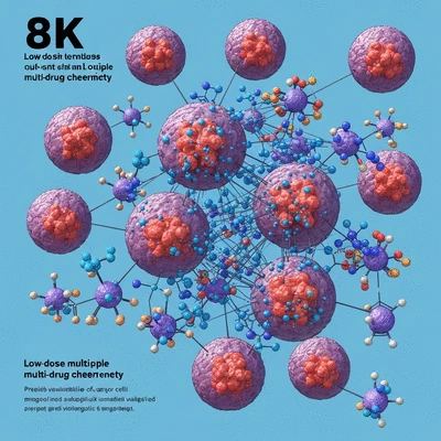 Scientific illustration of cancer cells being targeted by multiple small molecules