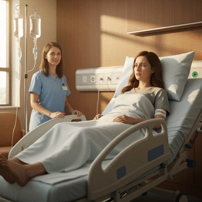 Chemotherapy infusion with patient and medical professional in background, focus on personalized care