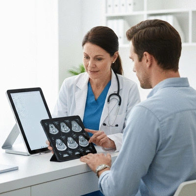 Doctor and patient reviewing scan results on a tablet, showing clear medical imagery