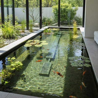 A serene backyard pond with a visible, well-integrated pond filter system
