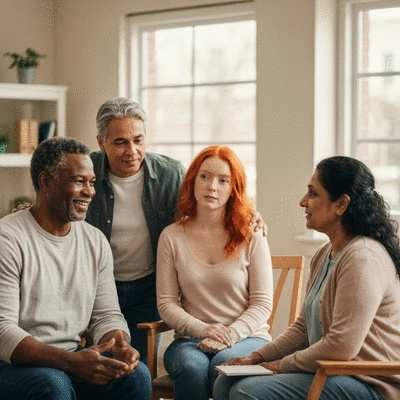 Diverse group of people in a cancer support group, listening attentively and offering comfort to each other