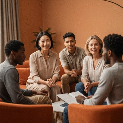 A diverse group of people engaged in a support group discussion, showing empathy and active listening