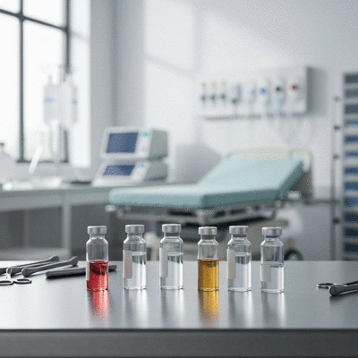 Chemotherapy drugs in clear vials on a clean medical surface, with a blurred background of medical equipment