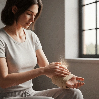 Person using a warm compress on their hand for pain relief, clean image
