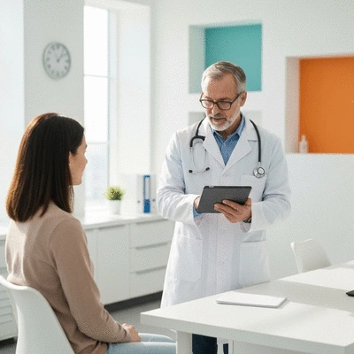 Medical professional explaining chemotherapy treatment plan to a patient using a digital tablet