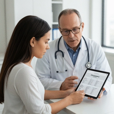 Patient consulting with oncologist about chemotherapy schedule on a tablet