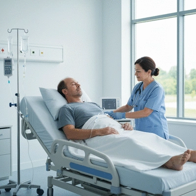 Chemotherapy treatment process, patient receiving IV infusion, medical professional monitoring