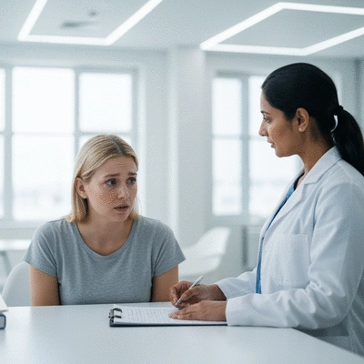 Chemotherapy patient consulting with doctor about blood counts