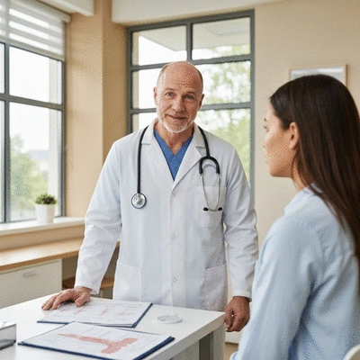 Healthcare professional explaining a chemotherapy treatment plan to a patient in a modern clinic setting
