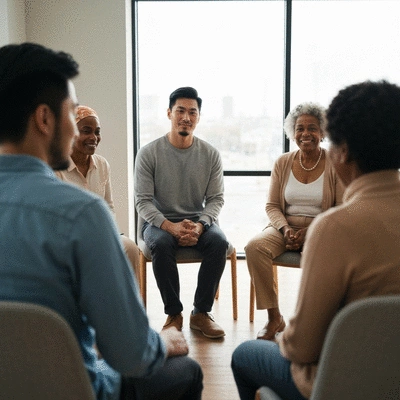 Diverse group of people in a support group, some with head coverings