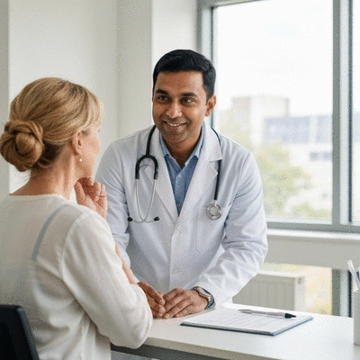 Patient discussing chemotherapy treatment with an oncologist in a clinic setting