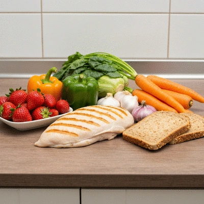 Assortment of fresh, healthy, colorful foods on a kitchen counter, representing good nutrition