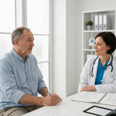 Patient discussing long-term side effects of chemotherapy with oncologist in a clinic setting