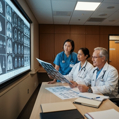 Diverse group of medical professionals collaborating on cancer treatment planning, looking at scans and charts