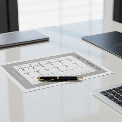 Chemotherapy treatment plan document with medical symbols and a pen, on a clean desk