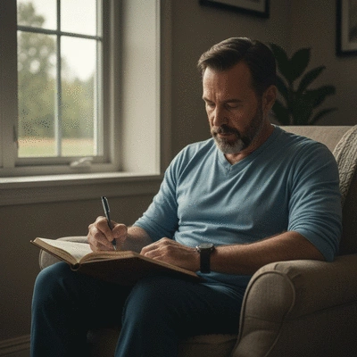 Patient journaling about their chemotherapy experience, serene and focused