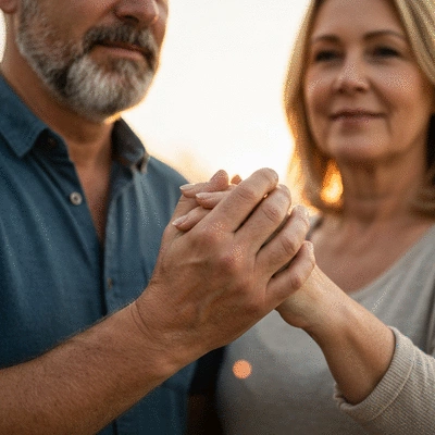 A couple holding hands, symbolizing support and connection during a challenging time