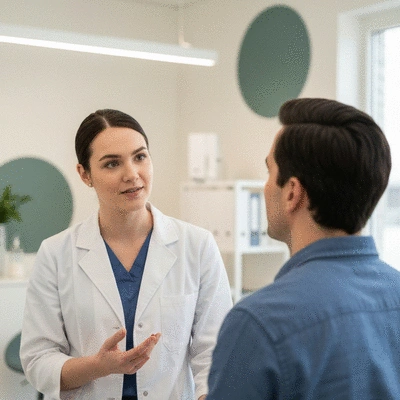 Healthcare professional consulting with a patient, discussing treatment plan, no text, no words, no typography, clean image