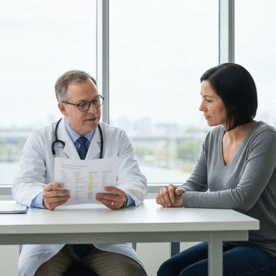 Patient and doctor reviewing medical charts in a modern clinic, showing collaboration in cancer treatment