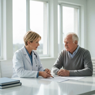 Patient discussing chemotherapy care plan with oncologist